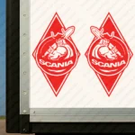 Red Scania Truck Body Stickers, Rhombus with Viking and Text Logo