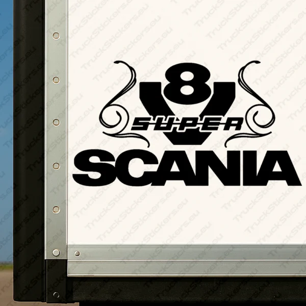 Black Scania Truck Body Stickers, V8 Super with Text Logo and Flowing Swirl Design