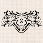 Closeup of Scania Truck Body Stickers, V8 with Text Logo and Double Headed Griffin