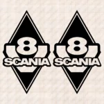 Closeup of Scania Truck Body Stickers, Rhombus with V8 and Text Logo