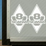 White Scania Truck Body Stickers, Rhombus with V8 and Text Logo