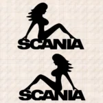 Closeup of Scania Truck Body Stickers, Girl Sitting on Text Logo