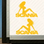 Yellow Scania Truck Body Stickers, Girl Sitting on Text Logo