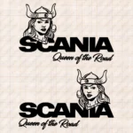 Closeup of Scania Truck Body Stickers, Queen of the Road with Text Logo and Viking Girl