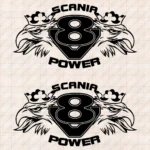 Closeup of Scania Truck Body Stickers, V8 Power with Griffin Heads