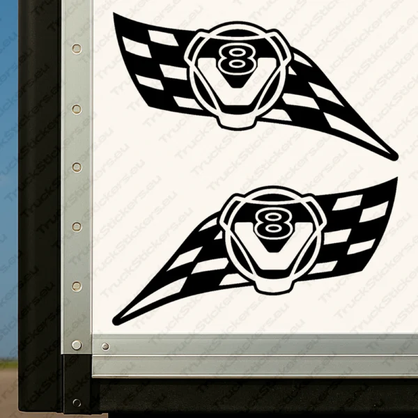 Black Scania Truck Body Stickers V8 Round Badge on Checkered Flag