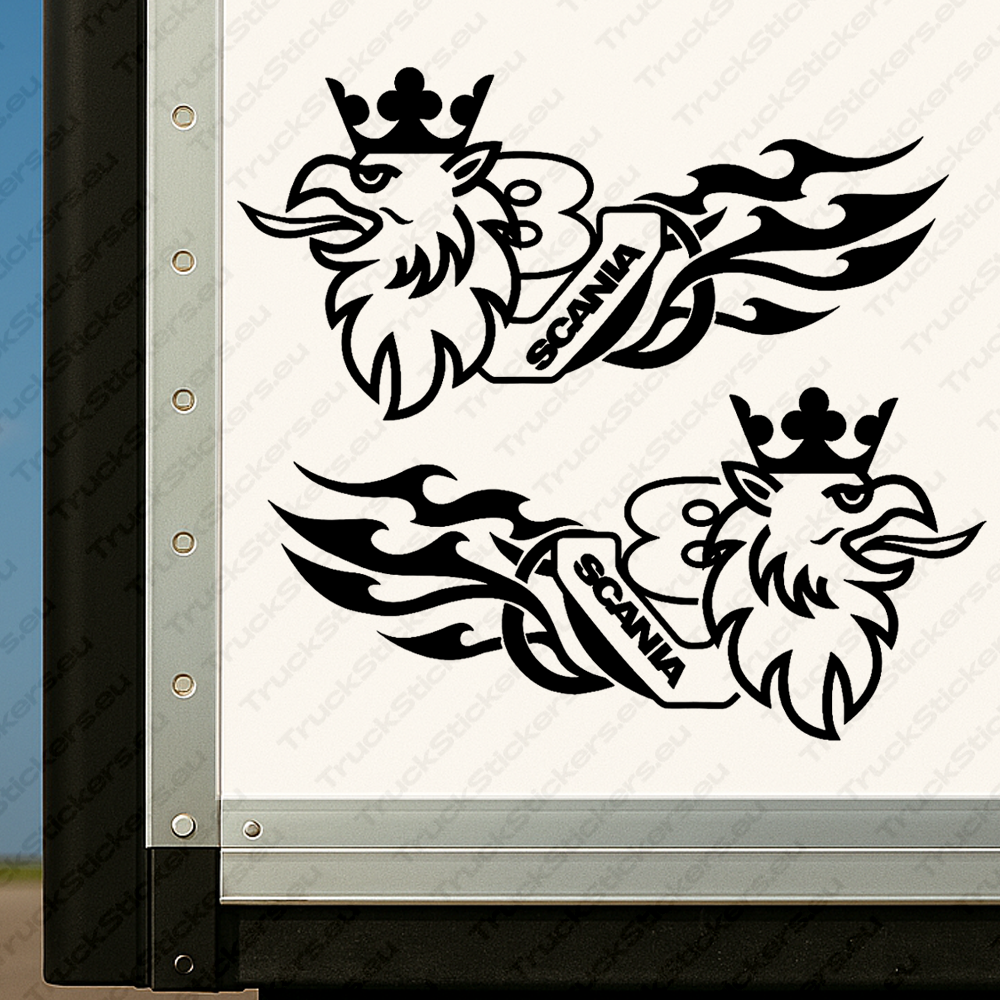 body-sticker-for-trucks-90375-black Black Scania Truck Body Stickers, Griffin with Text Logo, V8 Badge and Flame Graphics