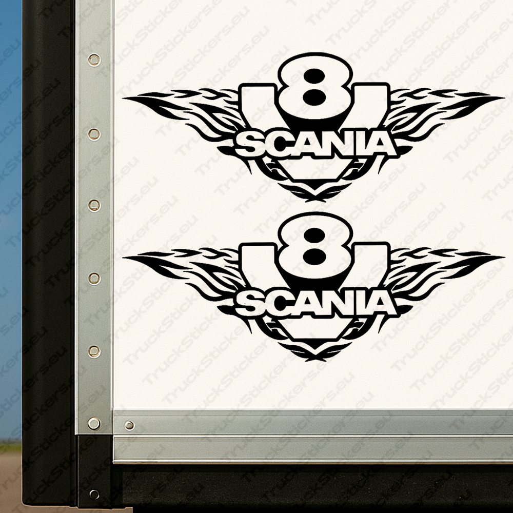 body-sticker-for-trucks-90376-black Black Scania Truck Body Stickers, V8 with Text Logo and Flame Graphics Version 1