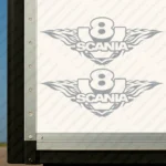 Silver Scania Truck Body Stickers, V8 with Text Logo and Flame Graphics Version 1
