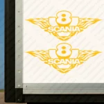 Yellow Scania Truck Body Stickers, V8 with Text Logo and Flame Graphics Version 1