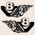 Closeup of Scania Truck Body Stickers, V8 with Text Logo and Flame Graphics Version 2