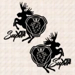 Closeup of Scania Truck Body Stickers, Griffin Badge with Moose and Super V8