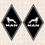 Closeup of Man Truck Body Stickers, Rhombus with Classic Text Logo and Lion