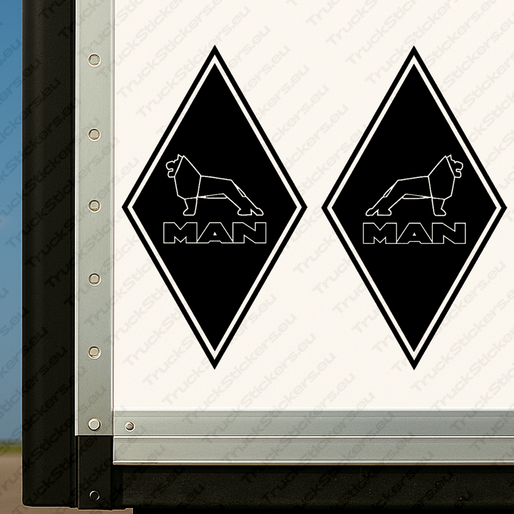 body-sticker-for-trucks-90681-black Black Man Truck Body Stickers, Rhombus with Classic Text Logo and Lion Outline