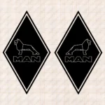 Closeup of Man Truck Body Stickers, Rhombus with Classic Text Logo and Lion Outline