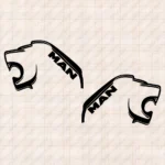 Closeup of Man Truck Body Stickers, Minimal Lion Heads with Classic Text Logo
