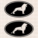 Closeup of Man Truck Body Stickers, Bold Lione Inside a Round Frame