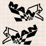 Closeup of Man Truck Body Stickers, Modern Version of Logo with Lion and Checkered Flag Pattern