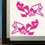 Fuchsia Man Truck Body Stickers, Modern Version of Logo with Lion and CheckeFuchsia Flag Pattern