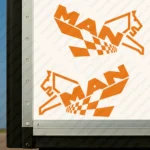 Orange Man Truck Body Stickers, Modern Version of Logo with Lion and CheckeOrange Flag Pattern
