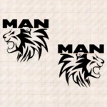Closeup of Man Truck Body Stickers, Head of a Lion with Text Logo Above it
