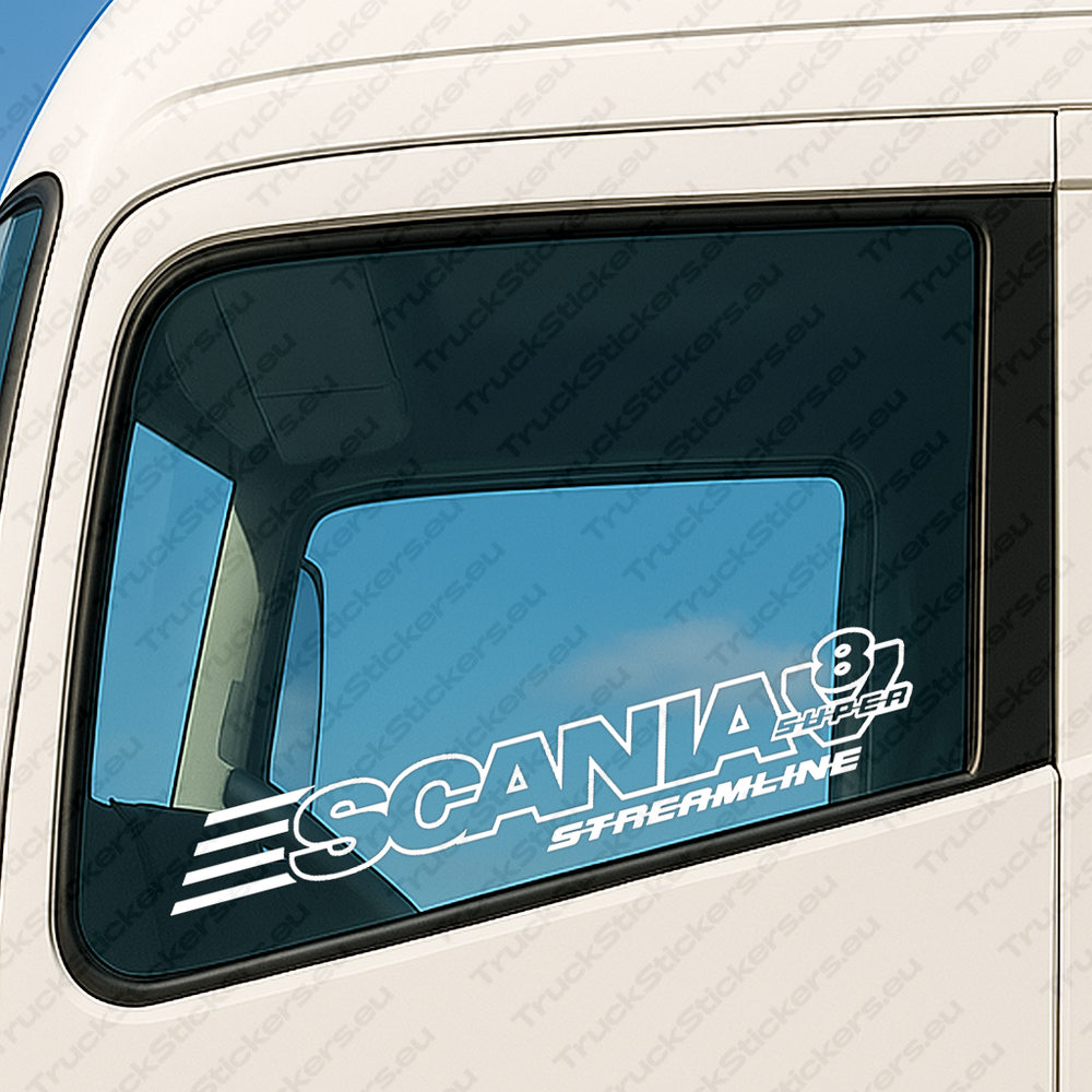 window-sticker-for-trucks-90115-white White Scania Truck Window Sticker, V8 Super Streamline with Text Logo Outline