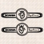 Closeup of Scania Truck Window Sticker, Topline with Griffin Inside Frame