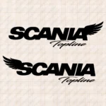 Closeup of Scania Truck Window Sticker, Topline with Bold Text Logo and Wings