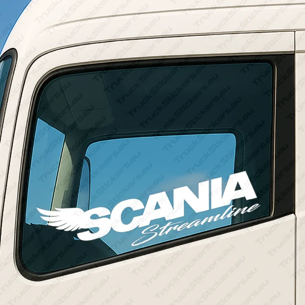 White Scania Truck Window Sticker, Streamline with Bold Text Logo and Wings