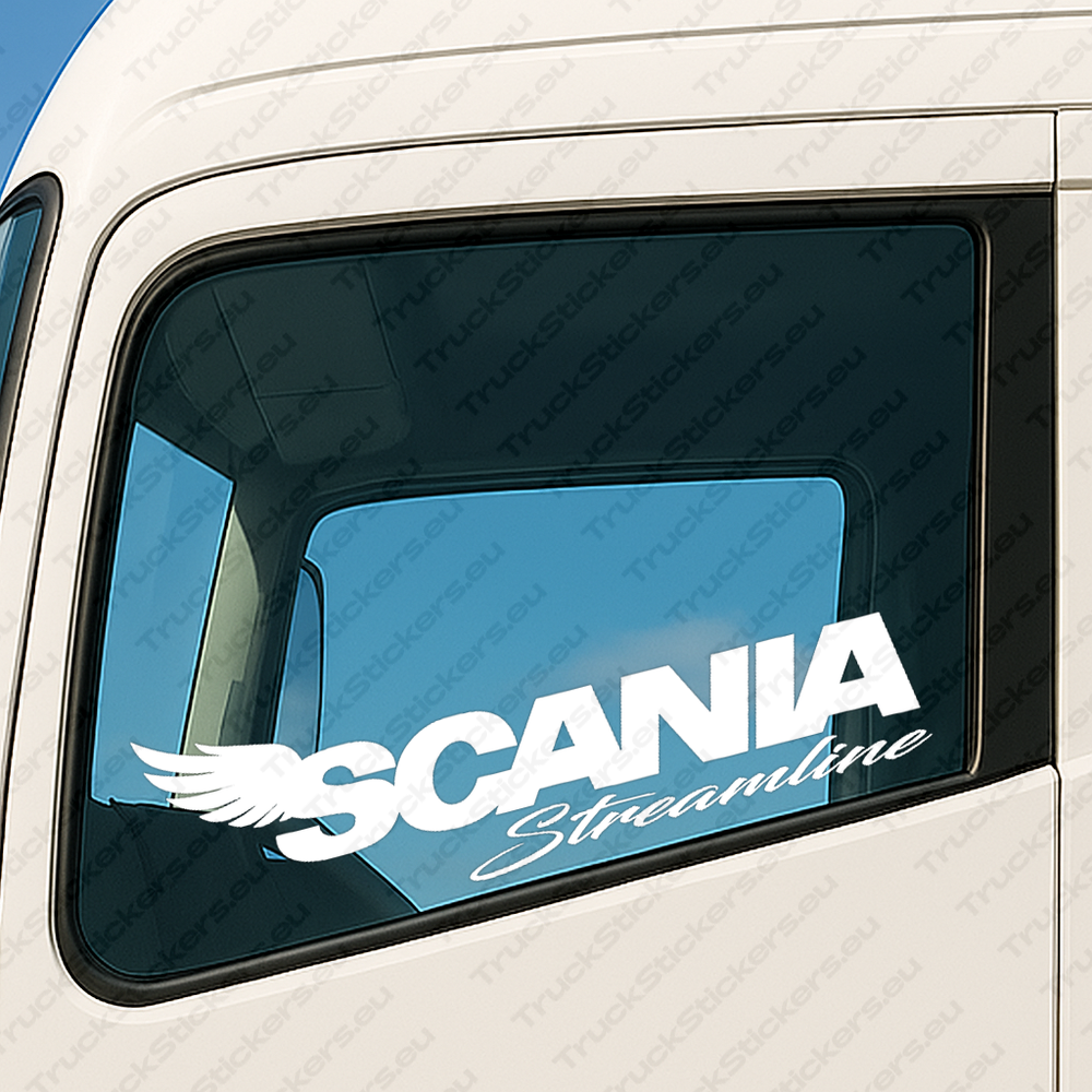 window-sticker-for-trucks-90148-white White Scania Truck Window Sticker, Streamline with Bold Text Logo and Wings