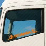 Orange Scania Truck Window Sticker, Bold Text Logo with Women Holding a Trident