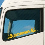 Yellow Scania Truck Window Sticker, Bold Text Logo with Women Holding a Trident