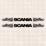 Closeup of Scania Truck Window Sticker, Logo with Bold Text Logo and Tribal Graphics