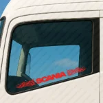 Red Scania Truck Window Sticker, Logo with Bold Text Logo and Tribal Graphics