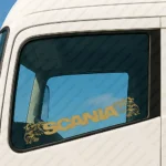 Gold Scania Truck Window Sticker, Bold Text Logo with Griffin Heads