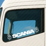 White Scania Truck Window Sticker, Bold Text Logo with Modern Griffins