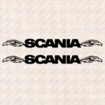 Closeup of Scania Truck Window Sticker, Bold Text Logo with Abstract Griffin Heads