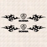 Closeup of Scania Truck Window Sticker, Badge with Griffin, Text Logo and Dynamic Wave Graphics