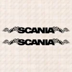 Closeup of Scania Truck Window Sticker, Bold Text Logo with Flourish Graphics