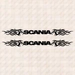 Closeup of Scania Truck Window Sticker, Text Logo with Tribal Graphics