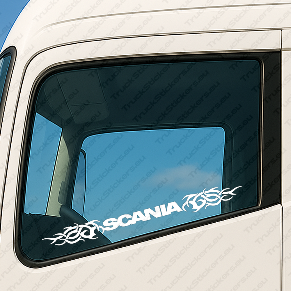 window-sticker-for-trucks-90186-white White Scania Truck Window Sticker, Text Logo with Tribal Graphics