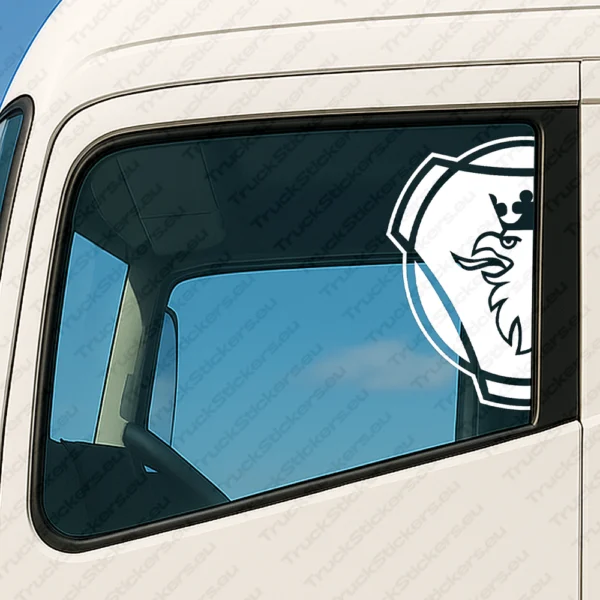 White Scania Truck Window Sticker, Half Badge with Griffin