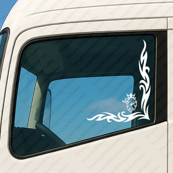 White Scania Truck Window Sticker, Griffin with Corner Flourish Graphics