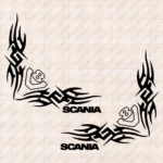 Closeup of Scania Truck Window Sticker, V8 with Text Logo and Corner Dynamic Wave Graphics