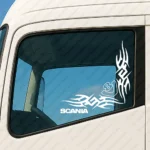 White Scania Truck Window Sticker, V8 with Text Logo and Corner Dynamic Wave Graphics