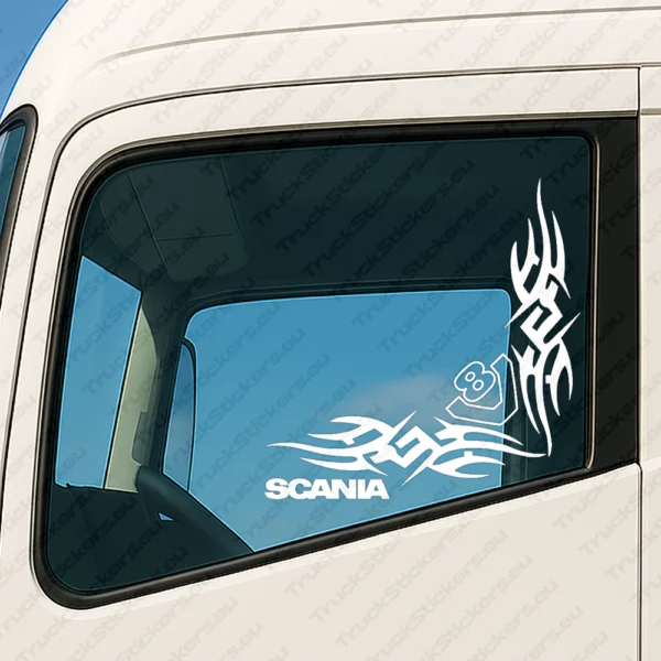 White Scania Truck Window Sticker, V8 with Text Logo and Corner Dynamic Wave Graphics