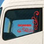 Red Scania Truck Window Sticker, Logo with Corner Flowing Swirl Graphics