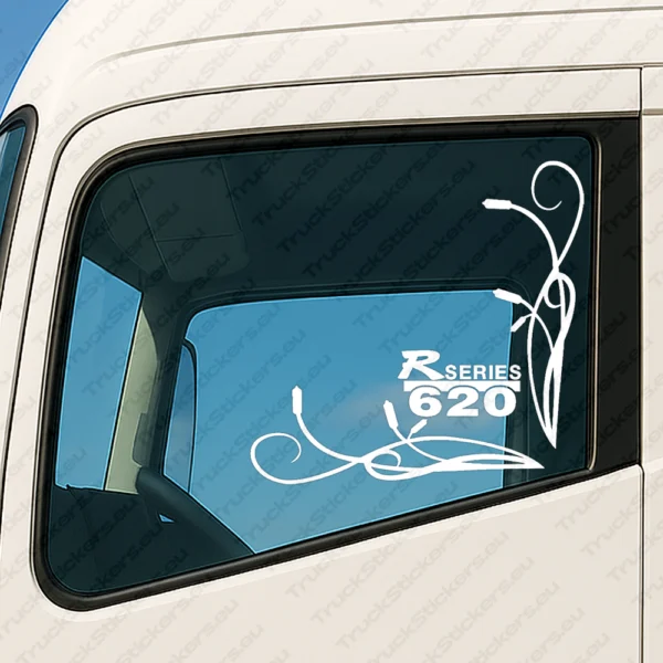 White Scania Truck Window Sticker, R Series 620 with Corner Flowing Swirl Graphics