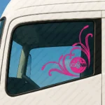 Fuchsia Scania Truck Window Sticker, V8 Badge in Circle with Text Logo and Flourish Graphics