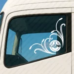 White Scania Truck Window Sticker, V8 Badge in Circle with Text Logo and Flourish Graphics